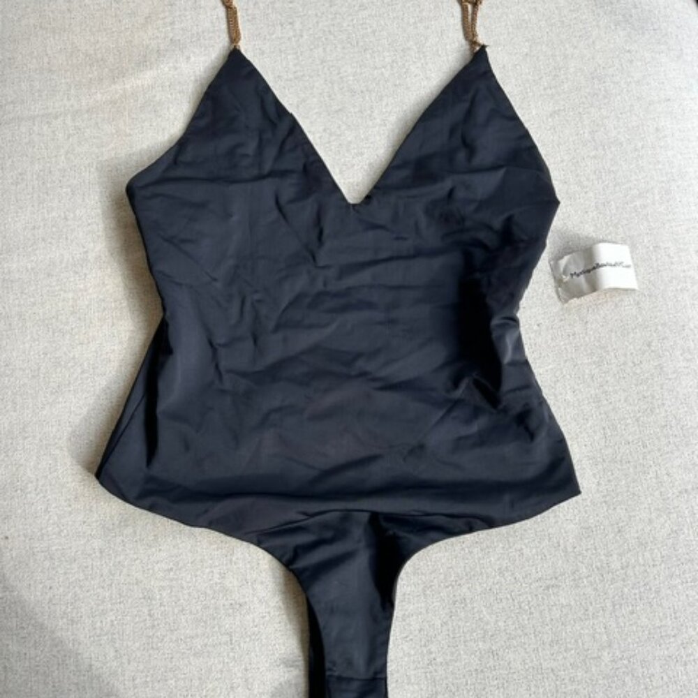 Brand New- Mystique Boutique Black Body Suit with Gold Chain Straps